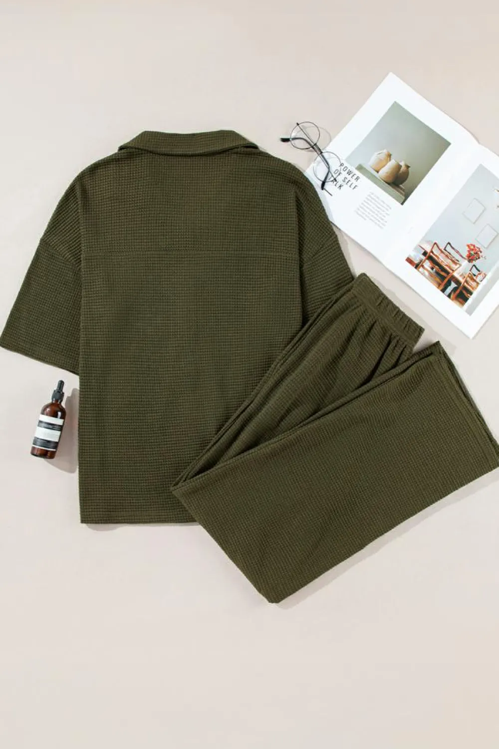 Online Dear-Lover Solid Color Textured Buttoned Shirt and Casual Pants Set Four Leaf Clover