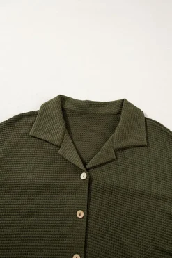 Online Dear-Lover Solid Color Textured Buttoned Shirt and Casual Pants Set Four Leaf Clover