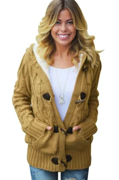 Best Dear-Lover Fur Hood Horn Button Sweater Cardigan Brown