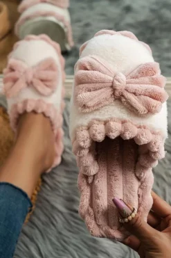Fashion Dear-Lover Bow Decor Color Block Ribbed Plush Slippers Fushia