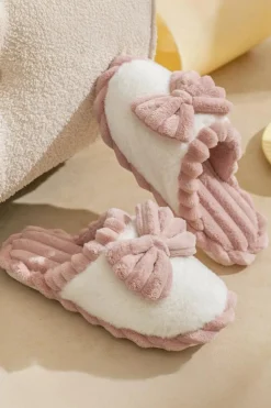 Fashion Dear-Lover Bow Decor Color Block Ribbed Plush Slippers Fushia