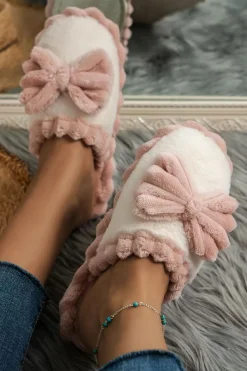 Fashion Dear-Lover Bow Decor Color Block Ribbed Plush Slippers Fushia