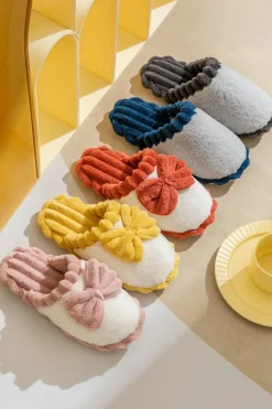 Fashion Dear-Lover Bow Decor Color Block Ribbed Plush Slippers Fushia