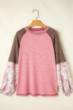 Sale Dear-Lover Mixed Print Raglan Sleeve Ribbed Knit Patchwork Blouse Fushia