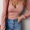 Clearance Dear-Lover Plain V neck Long Sleeve Casual Bodysuit Fushia