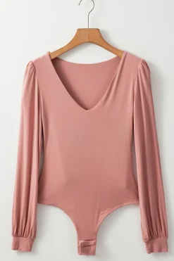 Clearance Dear-Lover Plain V neck Long Sleeve Casual Bodysuit Fushia