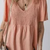 Hot Dear-Lover Smocked Front V Neck Pleated Babydoll Short Sleeve Top Fushia