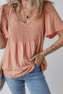 Hot Dear-Lover Smocked Front V Neck Pleated Babydoll Short Sleeve Top Fushia