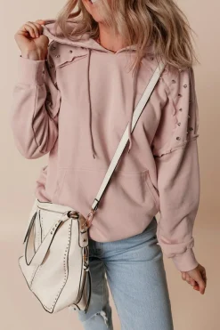 Best Dear-Lover Solid Color Rivet Stud Raglan Sleeve Hoodie with Pocket Fushia