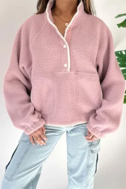 Online Dear-Lover Stand Neck Half Button Zip Pocket Plush Sweatshirt Fushia
