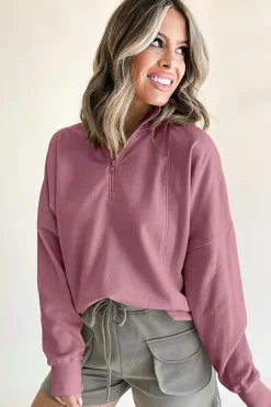 New Dear-Lover Zipped Neck Pullover Drop Shoulder Sweatshirt Fushia
