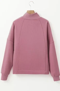 New Dear-Lover Zipped Neck Pullover Drop Shoulder Sweatshirt Fushia