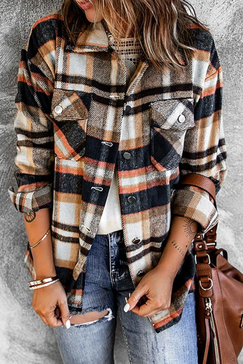 Discount Dear-Lover Geometric Plaid Print Pocketed Shacket Blue