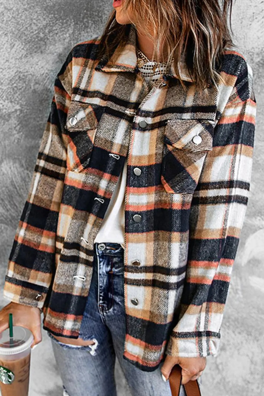 Discount Dear-Lover Geometric Plaid Print Pocketed Shacket Blue
