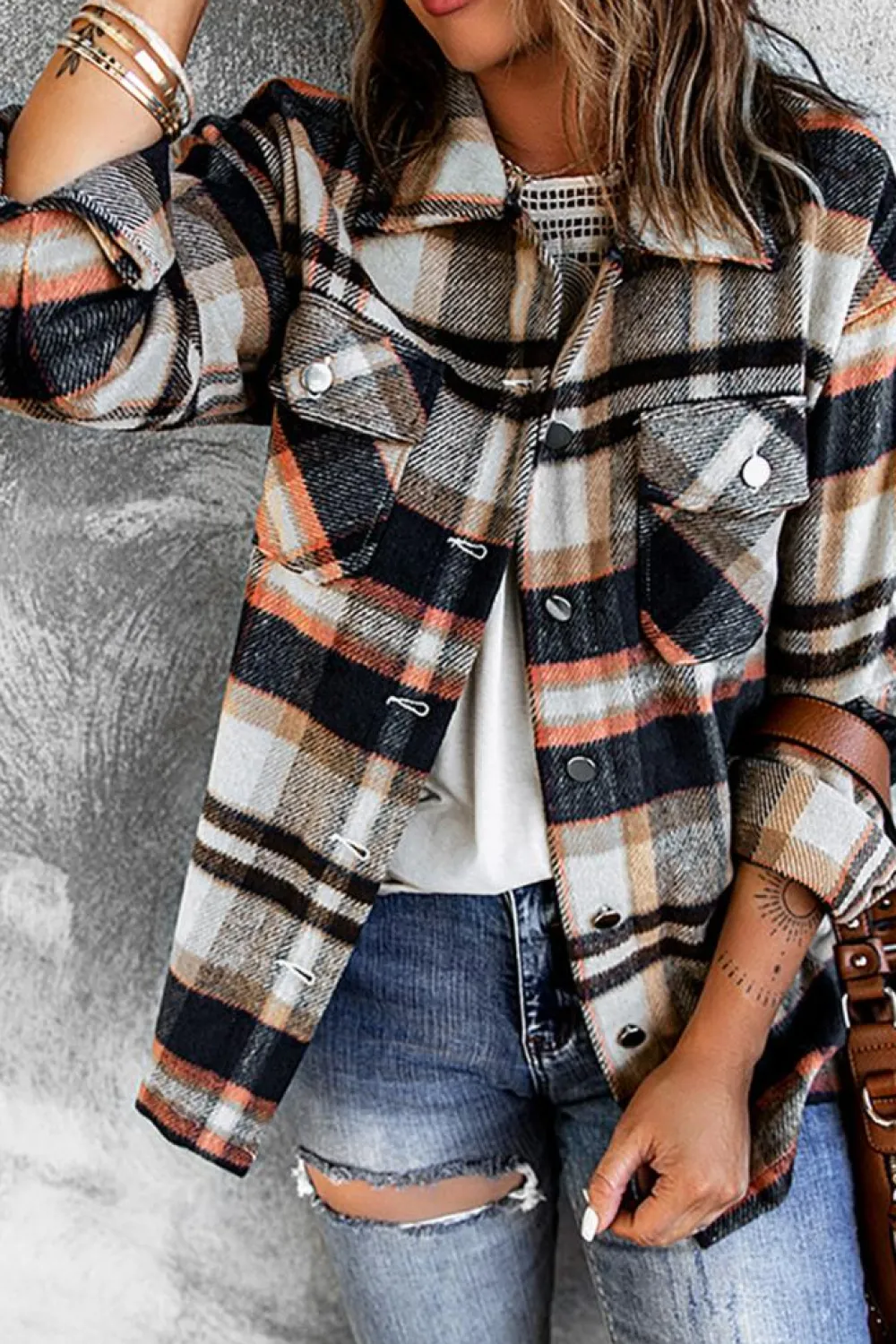Discount Dear-Lover Geometric Plaid Print Pocketed Shacket Blue