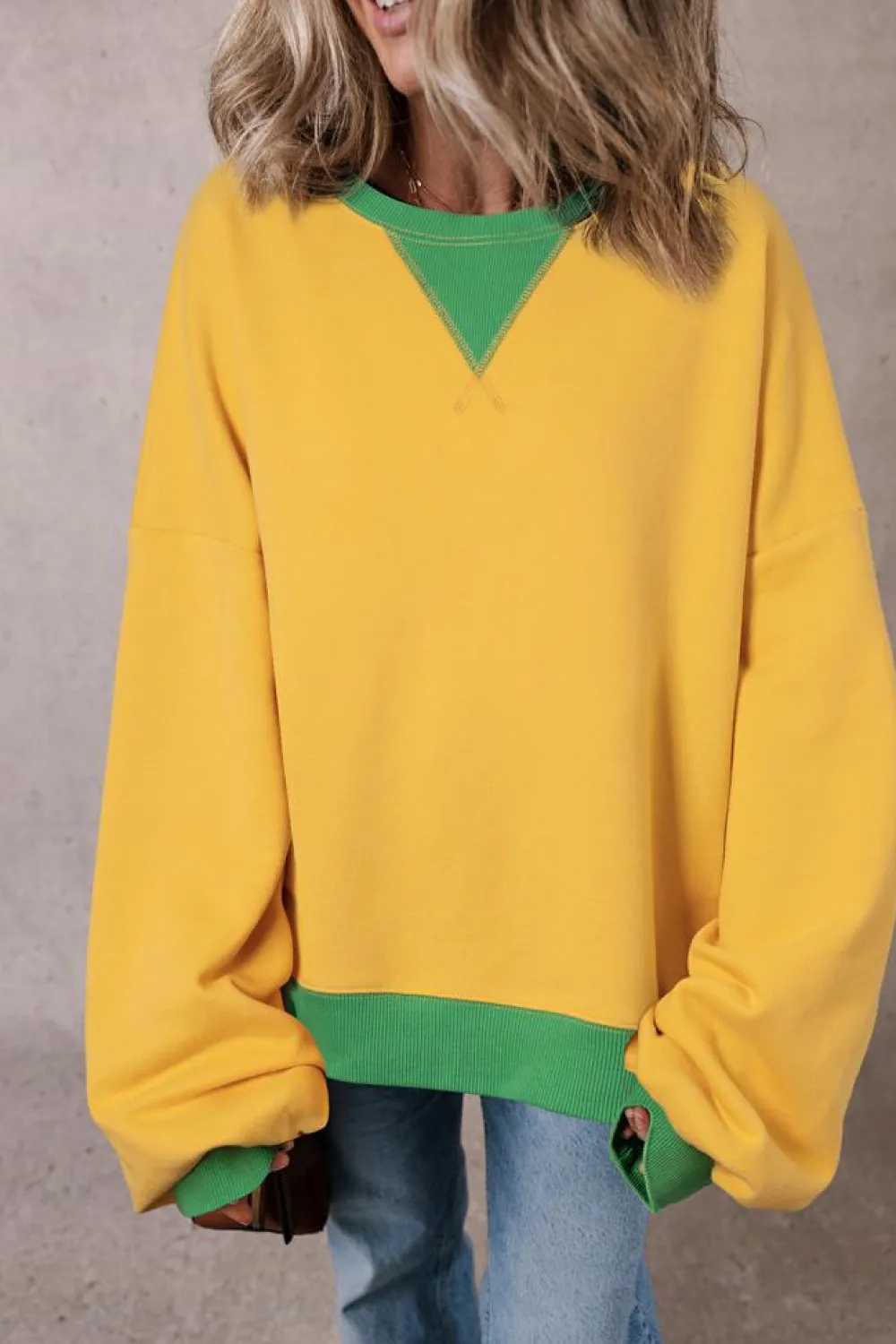 Fashion Dear-Lover Color Block Patch Drop Shoulder Oversized Sweatshirt Ginger