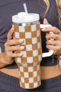 Fashion Dear-Lover Full Rhinestone Checkerboard Handled Tumbler 40oz Ginger