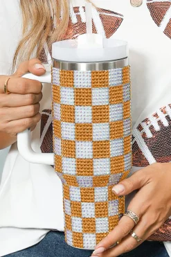 Fashion Dear-Lover Full Rhinestone Checkerboard Handled Tumbler 40oz Ginger