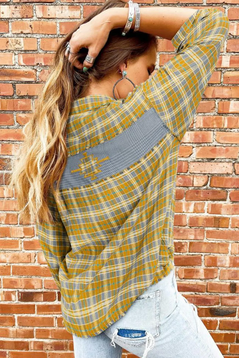 Best Dear-Lover Plaid Embroidery Patch Button-Down Shacket Ginger