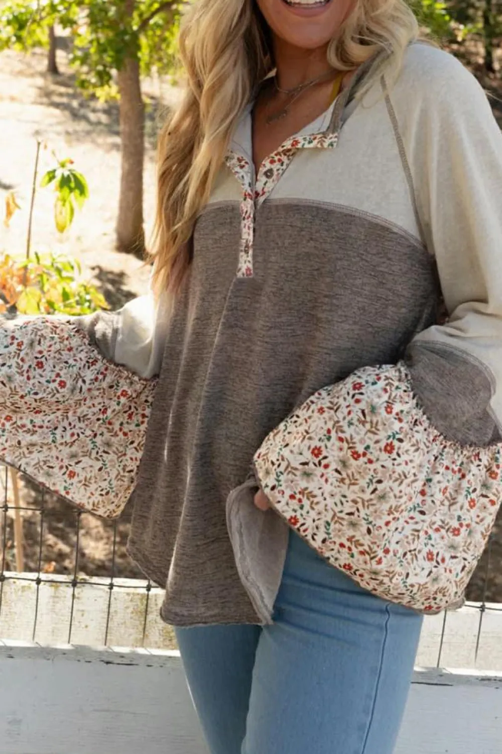 New Dear-Lover Colorblock Floral Patchwork Flared Sleeve Buttons Henley Top Goat