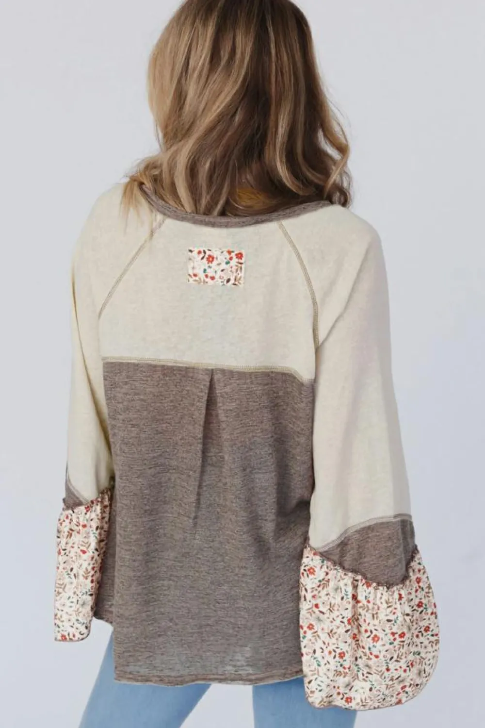 New Dear-Lover Colorblock Floral Patchwork Flared Sleeve Buttons Henley Top Goat