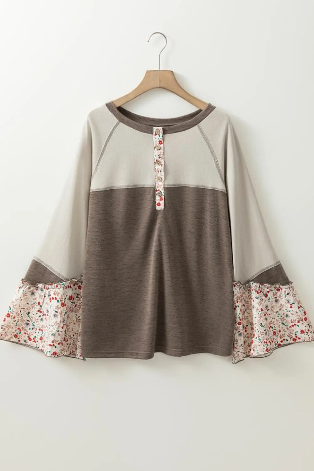 New Dear-Lover Colorblock Floral Patchwork Flared Sleeve Buttons Henley Top Goat