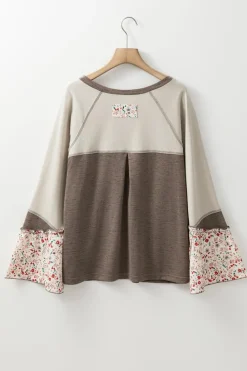 New Dear-Lover Colorblock Floral Patchwork Flared Sleeve Buttons Henley Top Goat