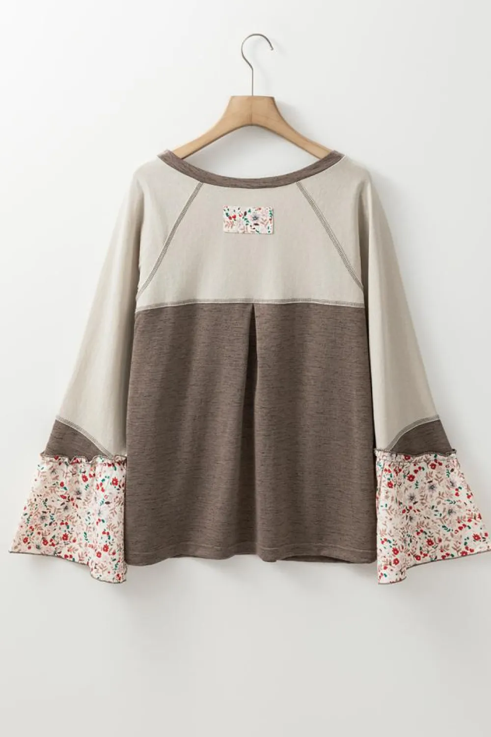 New Dear-Lover Colorblock Floral Patchwork Flared Sleeve Buttons Henley Top Goat