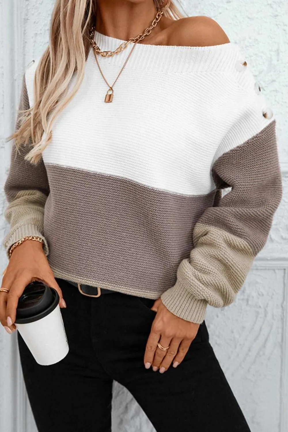 Sale Dear-Lover Colorblock Knitted Buttoned Shoulder Sweater Goat