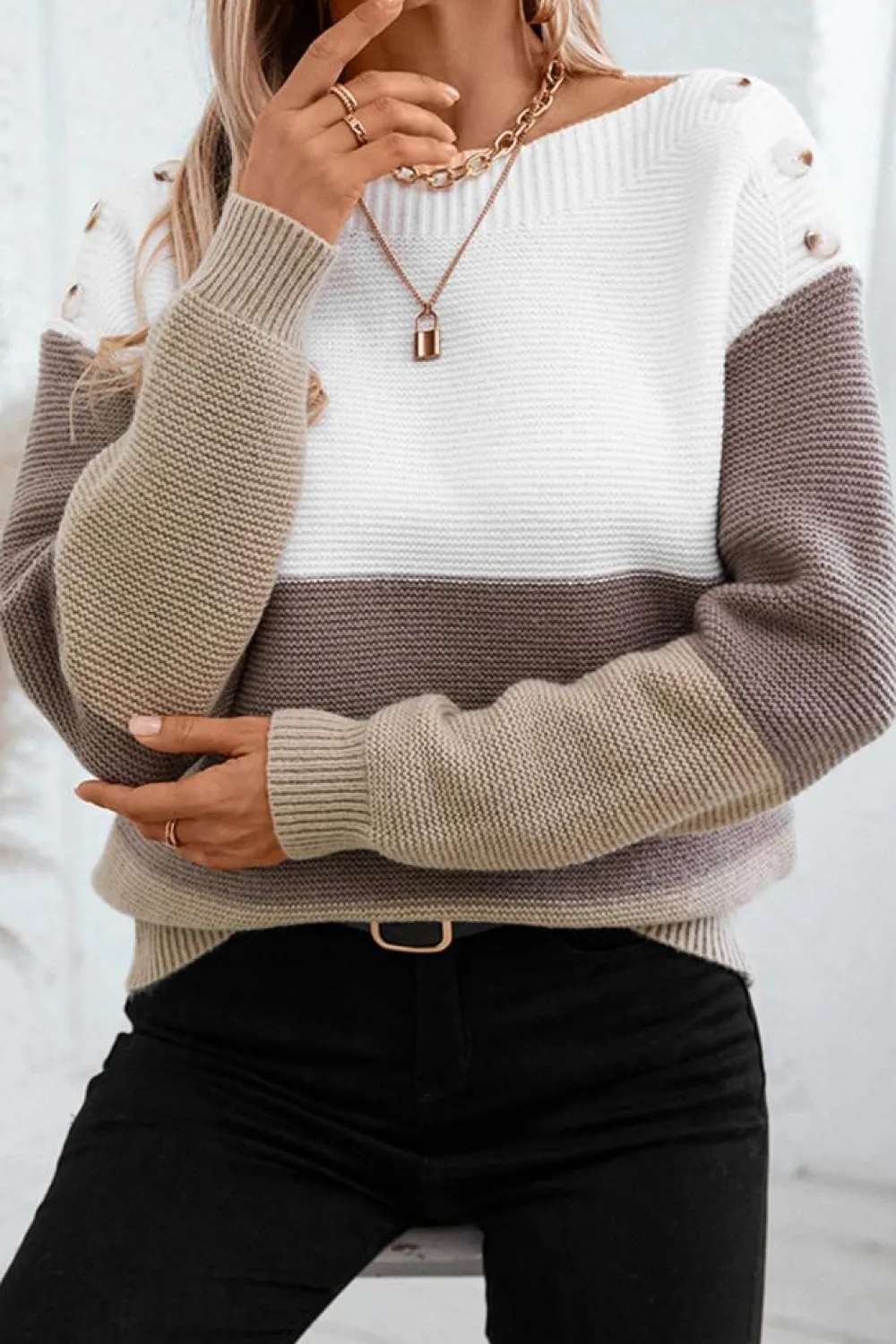 Sale Dear-Lover Colorblock Knitted Buttoned Shoulder Sweater Goat