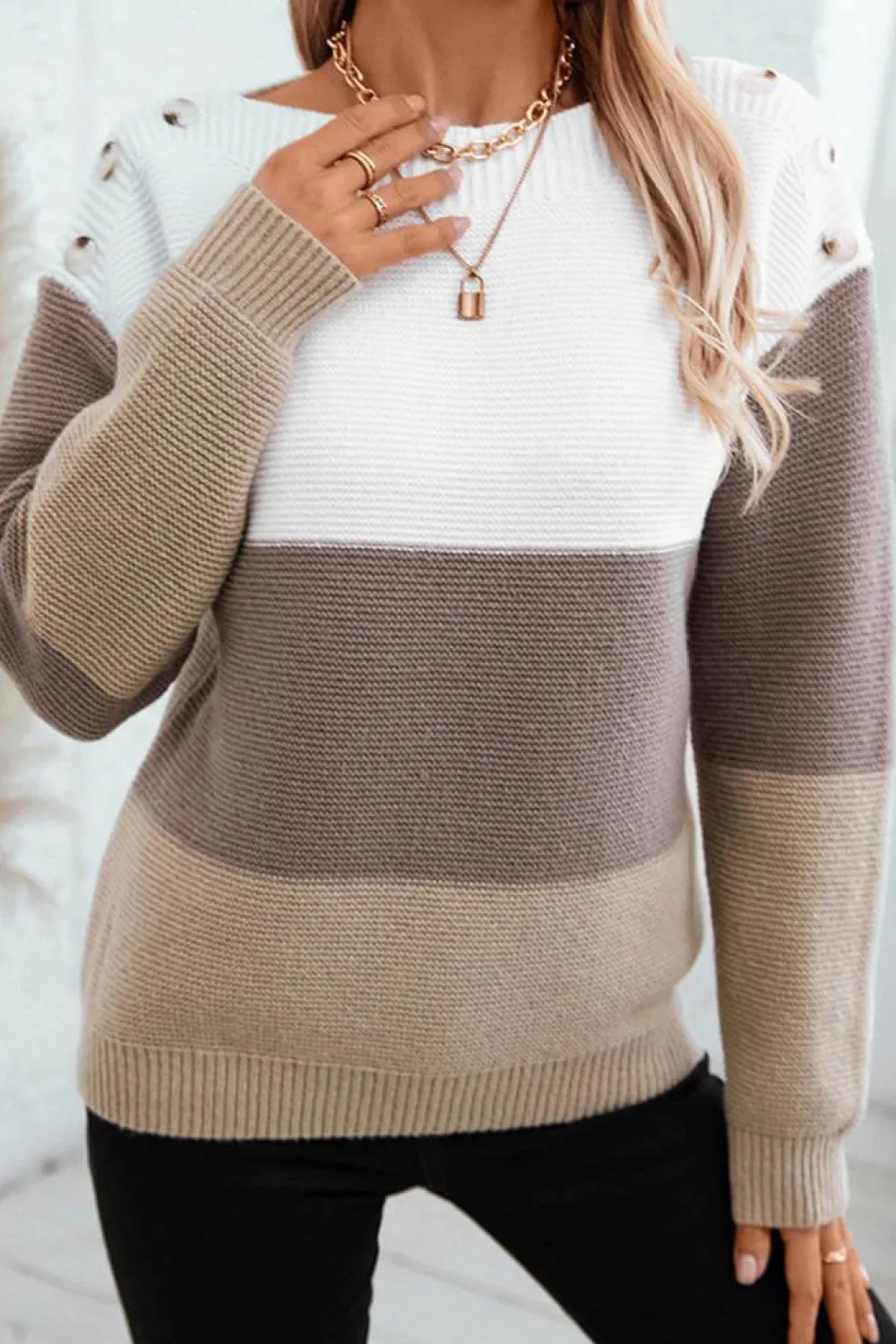 Sale Dear-Lover Colorblock Knitted Buttoned Shoulder Sweater Goat