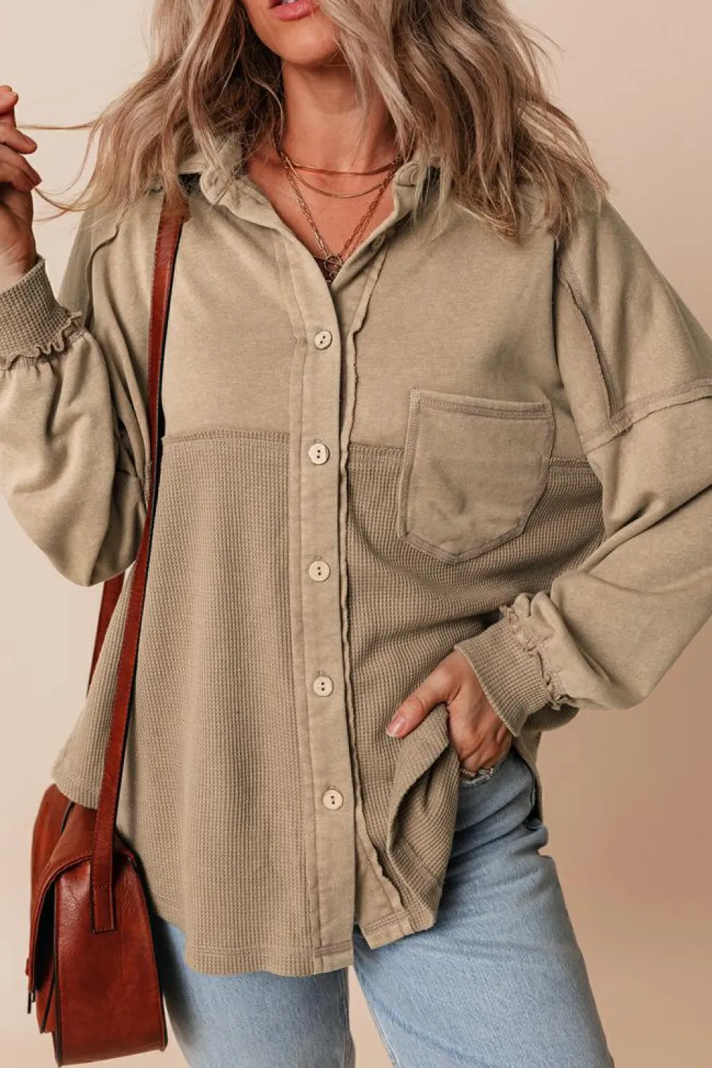 Best Dear-Lover Mineral Wash Textured Patchwork Loose Fit Shacket Goat