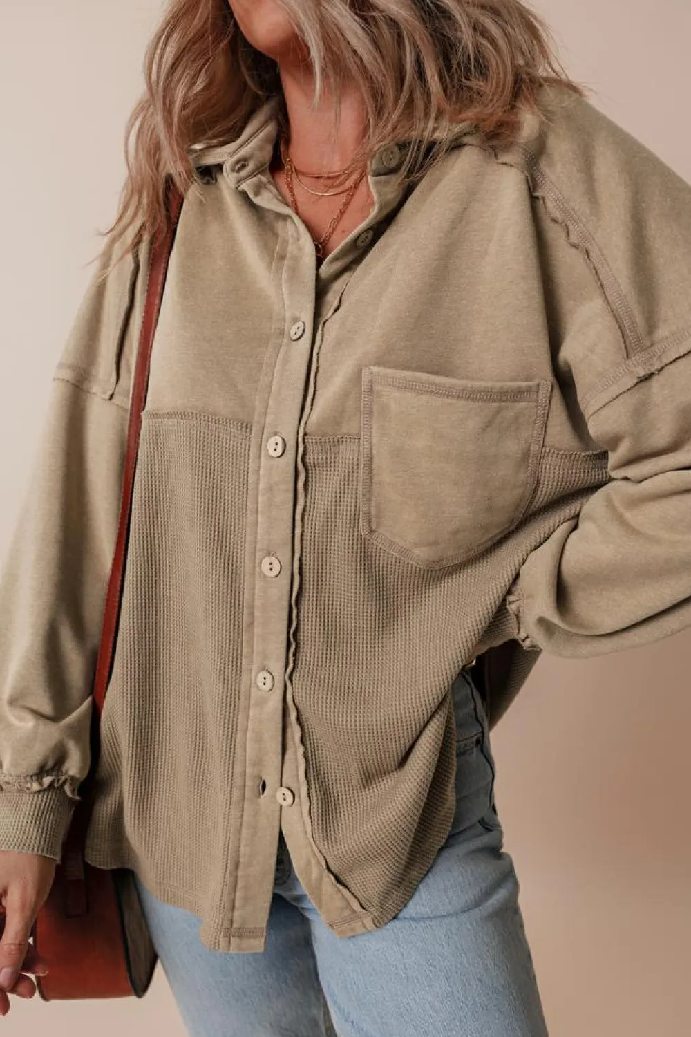 Best Dear-Lover Mineral Wash Textured Patchwork Loose Fit Shacket Goat