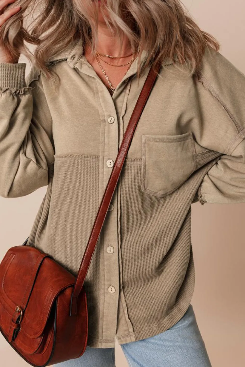 Best Dear-Lover Mineral Wash Textured Patchwork Loose Fit Shacket Goat