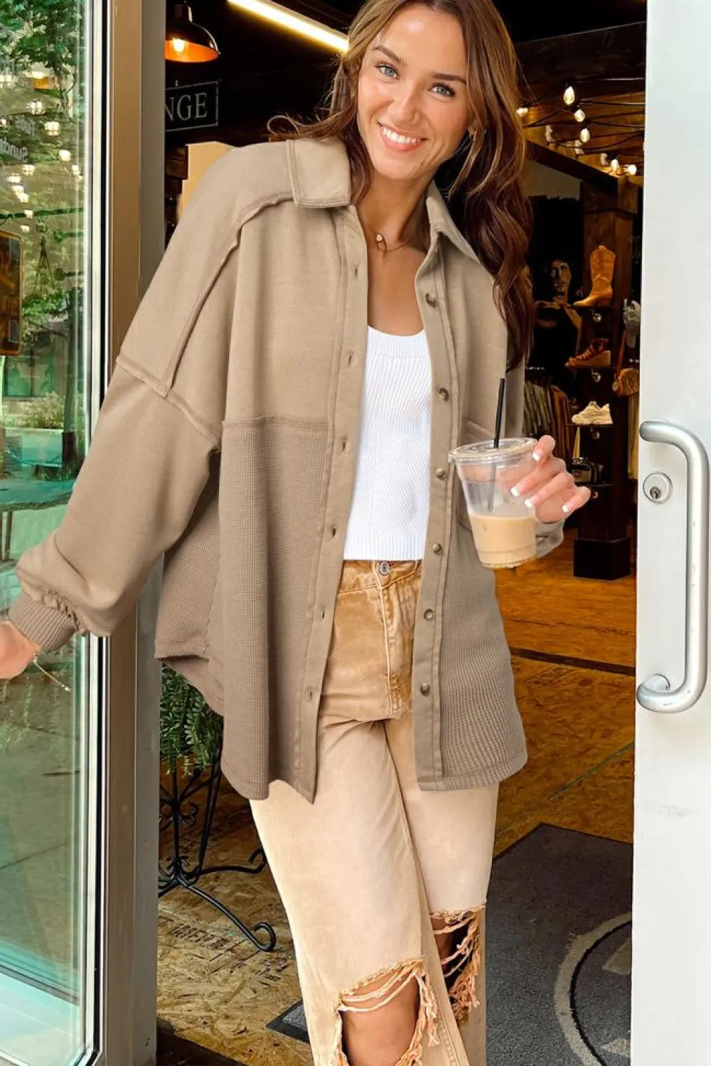 Best Dear-Lover Mineral Wash Textured Patchwork Loose Fit Shacket Goat