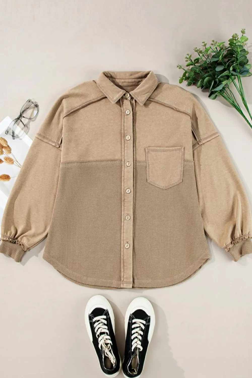 Best Dear-Lover Mineral Wash Textured Patchwork Loose Fit Shacket Goat