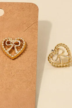 Fashion Dear-Lover Bow Decor Heart Shape Plate Alloy Stud Earrings Gold