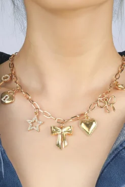 Discount Dear-Lover Bow Heart Star Key Charm Alloy Adjustable Chain Necklace Gold