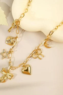 Discount Dear-Lover Bow Heart Star Key Charm Alloy Adjustable Chain Necklace Gold