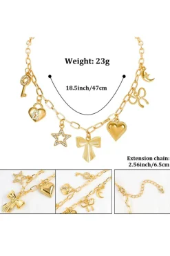 Discount Dear-Lover Bow Heart Star Key Charm Alloy Adjustable Chain Necklace Gold