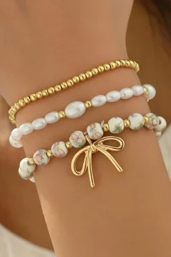 Outlet Dear-Lover Bow Knot Charm Beaded Triple Layer Bracelet Set Gold