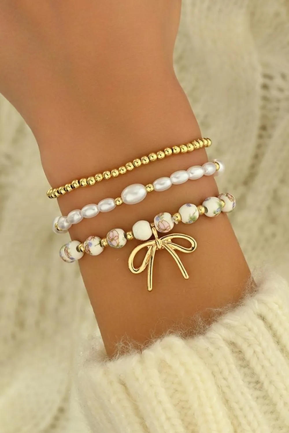Outlet Dear-Lover Bow Knot Charm Beaded Triple Layer Bracelet Set Gold