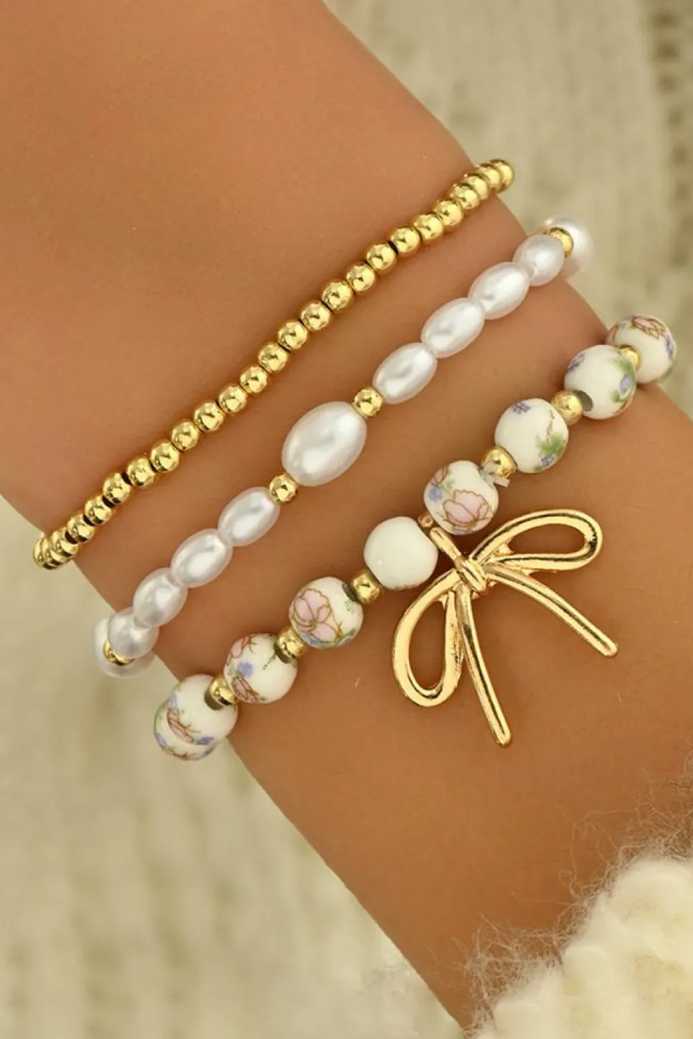 Outlet Dear-Lover Bow Knot Charm Beaded Triple Layer Bracelet Set Gold