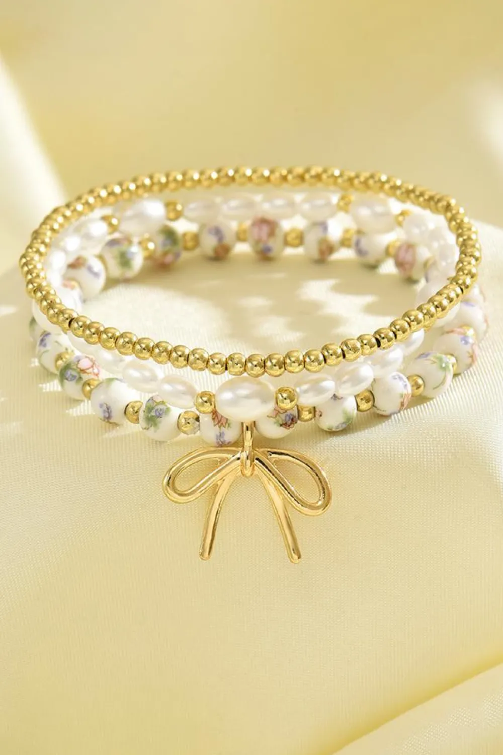 Outlet Dear-Lover Bow Knot Charm Beaded Triple Layer Bracelet Set Gold