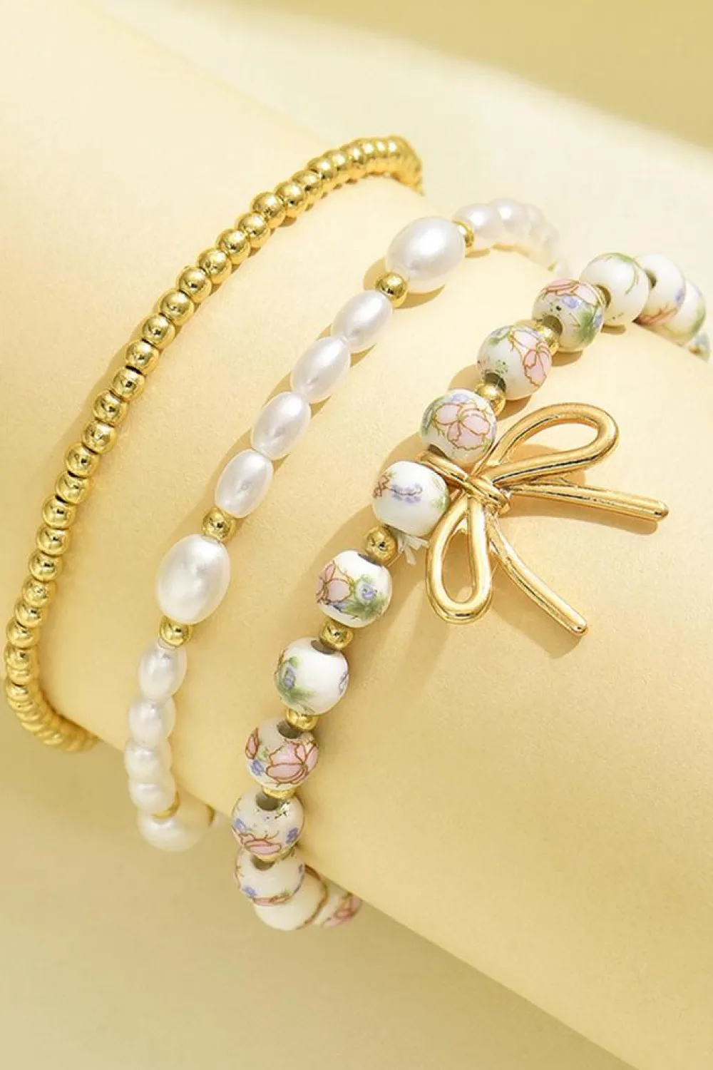 Outlet Dear-Lover Bow Knot Charm Beaded Triple Layer Bracelet Set Gold