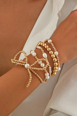 Clearance Dear-Lover Bow Knot Pearl Beaded Multi Layered Bracelet Set Gold