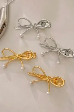 Clearance Dear-Lover Bow Knot Pearl Decor Plated Alloy Hair Clip Gold