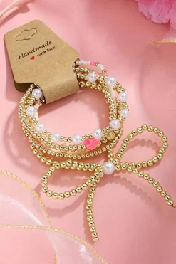 Discount Dear-Lover Bow Knot Pearl Decor Beaded Plated Layered Bracelet Gold