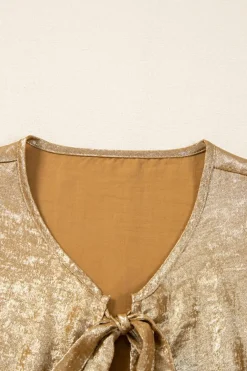 Clearance Dear-Lover Bow Tie Front Puff 3/4 Sleeve Ruffle Hem Blouse Gold