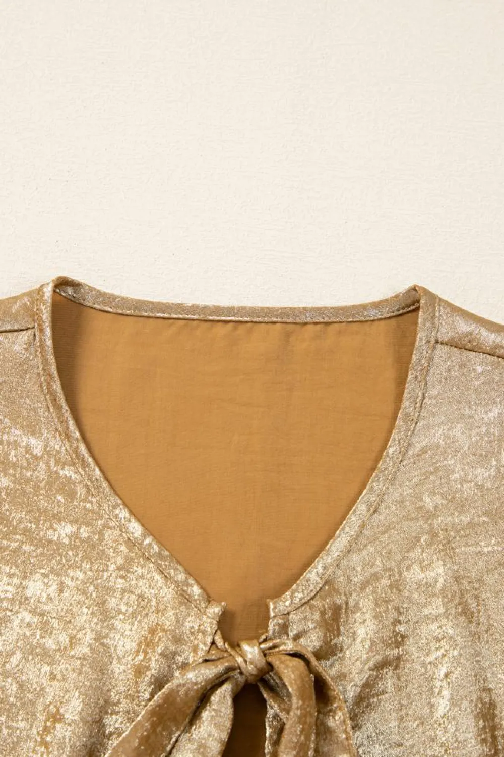 Clearance Dear-Lover Bow Tie Front Puff 3/4 Sleeve Ruffle Hem Blouse Gold